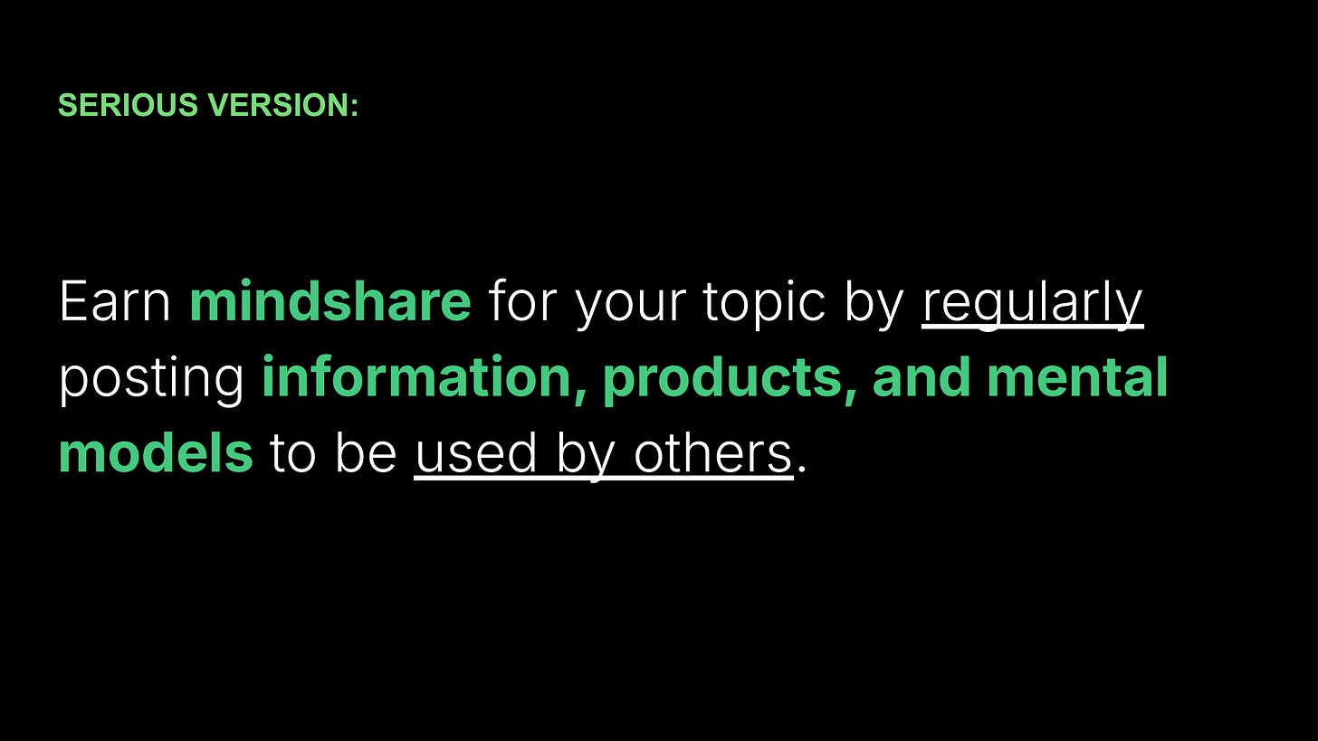 Earn mindshare for your topic by regularly posting information, products, and mental models to be used by others.