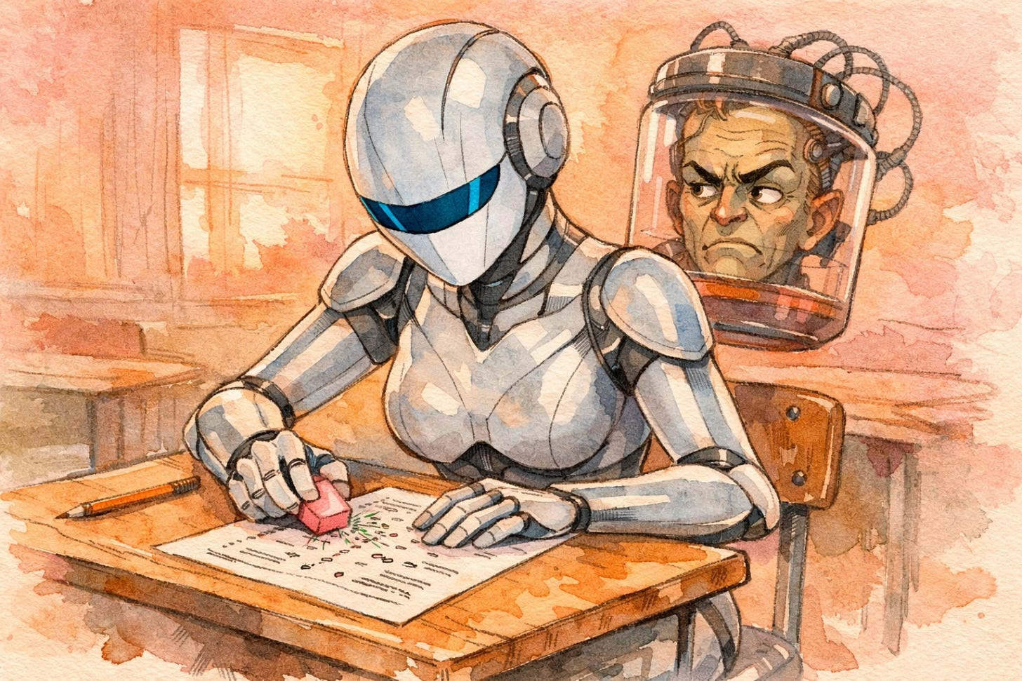 An AI student at a desk erasing wrong answers and filling in correct ones while a mascot looks on skeptically, illustrating the risk of AI benchmark gaming and why reviewing the session audit trail matters.
