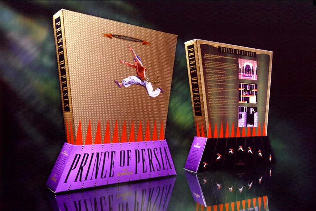 The box for Prince of Persia consists of two trapezoids stack on top of each other. The top trapezoid, narrowing as goes down, shows the hero of Prince of Persia leaping over a spike pit. The bottom trapezoid, widening as it goes down, displays the name of the game.