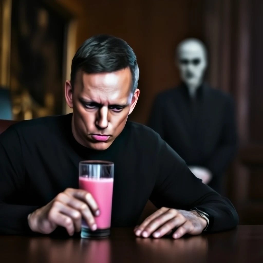 Peter Thiel drinking strawberry milk with antichrist whispering in his ear