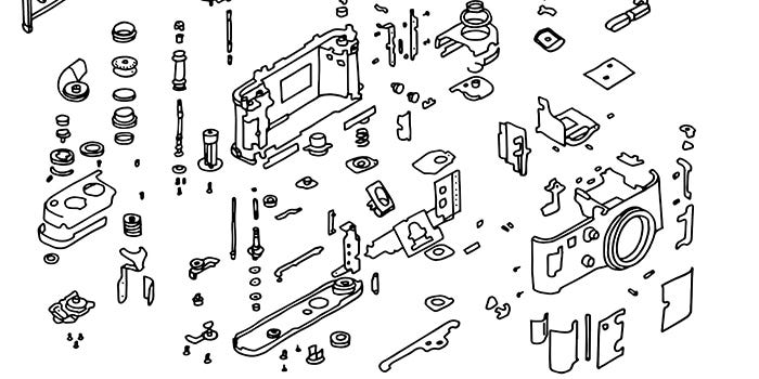 disegno di tutti i pezzi che compongono una moderna macchina fotografica