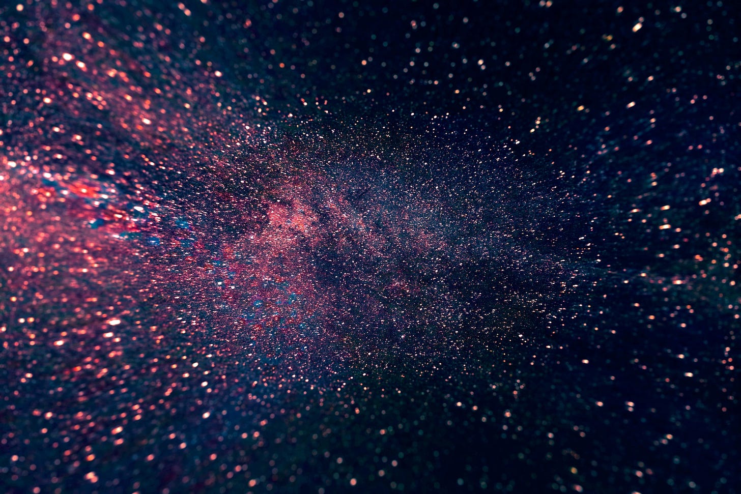 Spazio scuro e pulviscoli colorati che si addensano verso il centro, come l'universo in espansione. Spazio scuro e pulviscoli colorati che si addensano verso il centro, come l'universo in espansione.