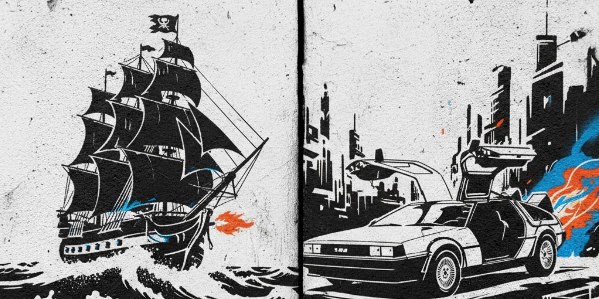 Street Art Stencil-Illustration im Split-Screen: Links ein Piratenschiff mit Segeln, rechts ein DeLorean mit geöffneten Flügeltüren – symbolisiert den Wandel von Company Pirate zu #tobimistic