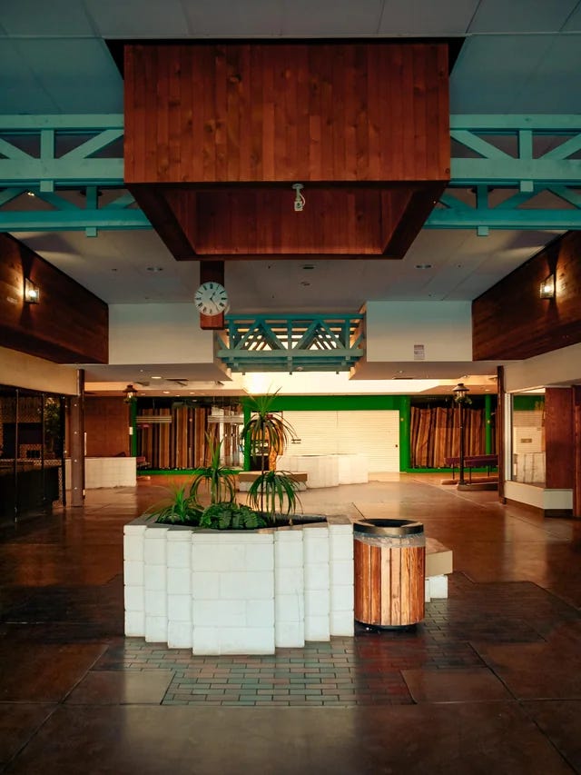 The inside of the Barstow Mall, with wood panelling and unhappy tropics plants.