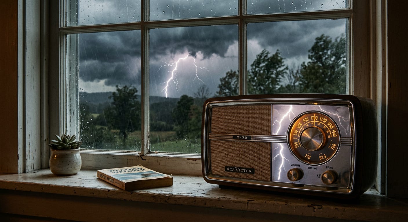 RADIO STORM A Novel image of a retro radio on a windowsill with lightning outside