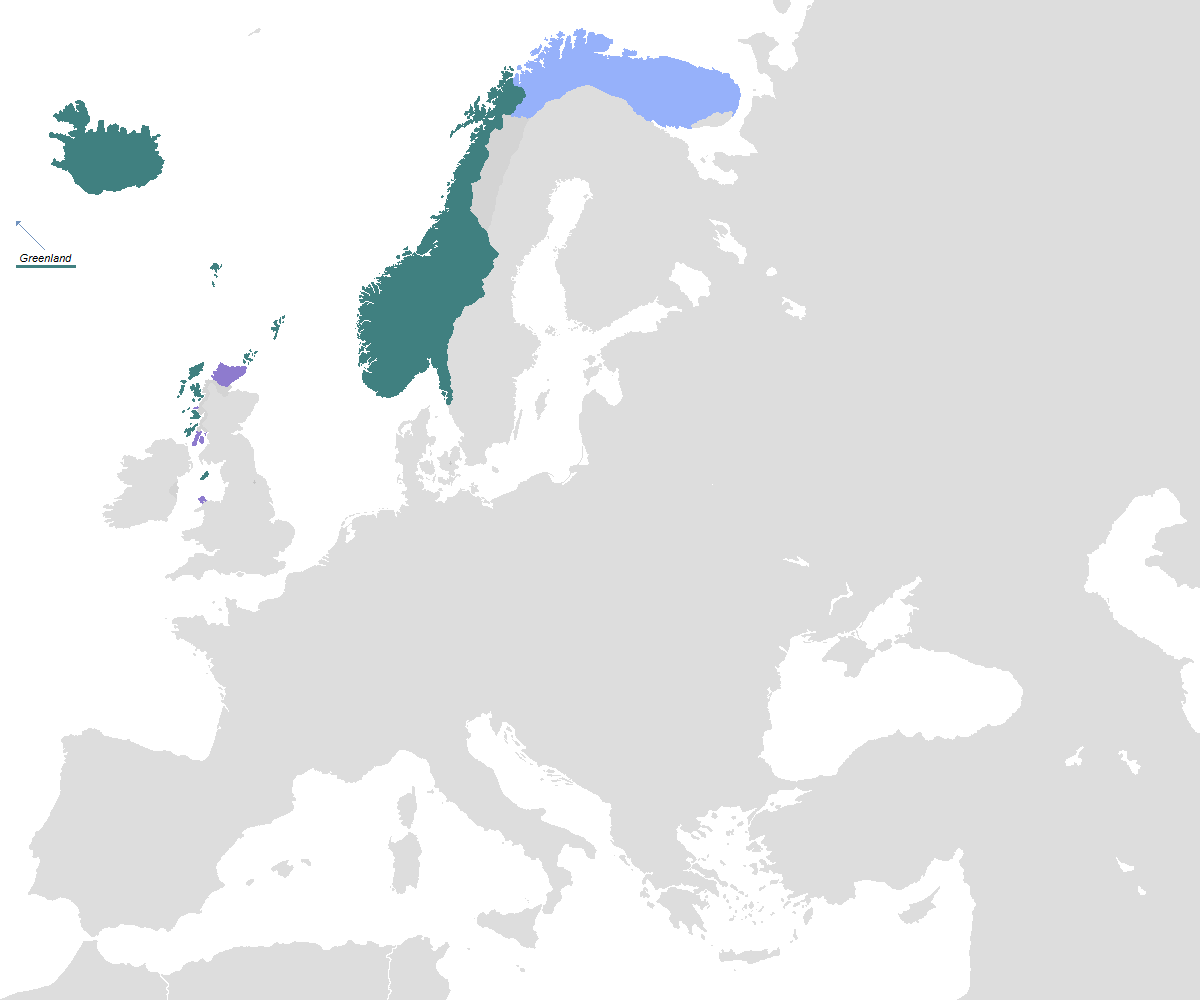 Norway from 897 to 1397, taken from https://en.wikipedia.org/wiki/List_of_possessions_of_Norway#/media/File:Norwegian_Hereditary_Empire_excluding_Greenland.png