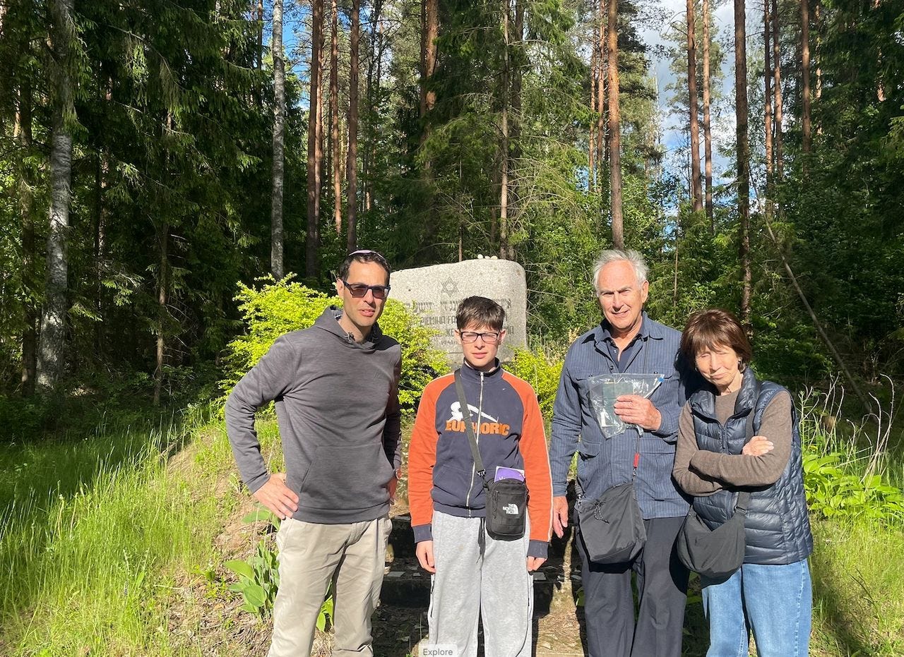 Our family at the Holocaust memorial at Lake Cirma (May 2026). A moment of remembrance at the end of a deeply moving day.