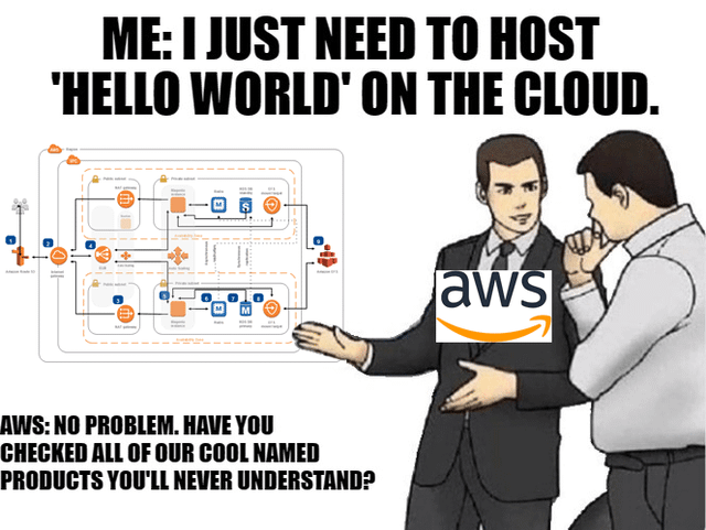 r/ProgrammerHumor - ME: I JUST NEED TO HOST 'HELLO WORLD' ON THE CLOUD. Is c K: aws AWS: NO PROBLEM. HAVE YOU CHECKED ALL OF OUR COOL NAMED PRODUCTS YOU'LL NEVER UNDERSTAND? r/ProgrammerHumor - ME: I JUST NEED TO HOST 'HELLO WORLD' ON THE CLOUD. Is c K: aws AWS: NO PROBLEM. HAVE YOU CHECKED ALL OF OUR COOL NAMED PRODUCTS YOU'LL NEVER UNDERSTAND?