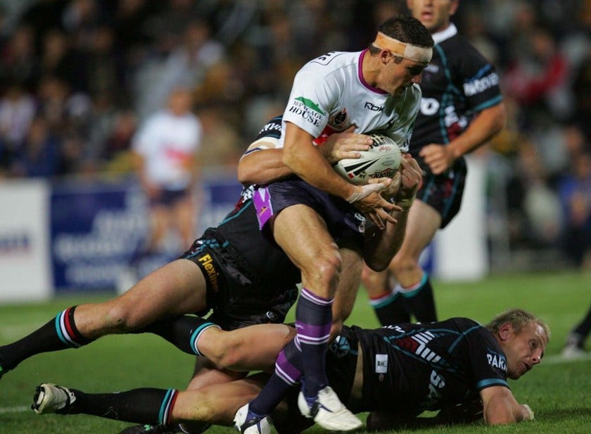 :	NRL Rugby League Round 6, Penrith Panthers (aqua and brown) v Melbourne Storm at Adelaide's Hindmarsh Stadium, Saturday  April 15th, 2006. Digital image by Colin Whelan © Action Photographics