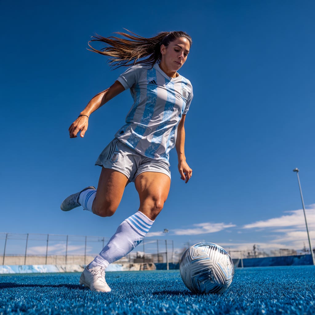 Female soccer player wearing blue mid-kick on a blue field. Female soccer player wearing blue mid-kick on a blue field.