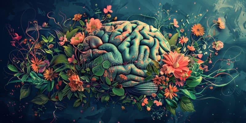 Brain with Blossoming Flowers and Foliage. Fusion of Nature and Human ...