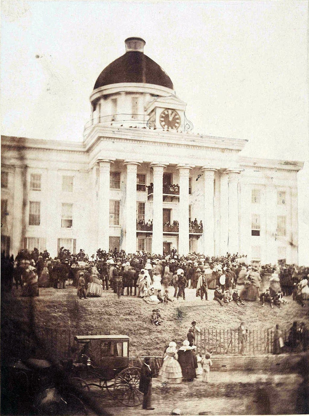 Jefferson Davis was inaugurated on the steps of the Alabama Capitol Building in an event that became one of the South’s grandest insults to people of color. Image by Archibald Crossland McIntyre of Montgomery, Alabama, Public domain, via Wikimedia Commons Jefferson Davis was inaugurated on the steps of the Alabama Capitol Building in an event that became one of the South’s grandest insults to people of color. Image by Archibald Crossland McIntyre of Montgomery, Alabama, Public domain, via Wikimedia Commons