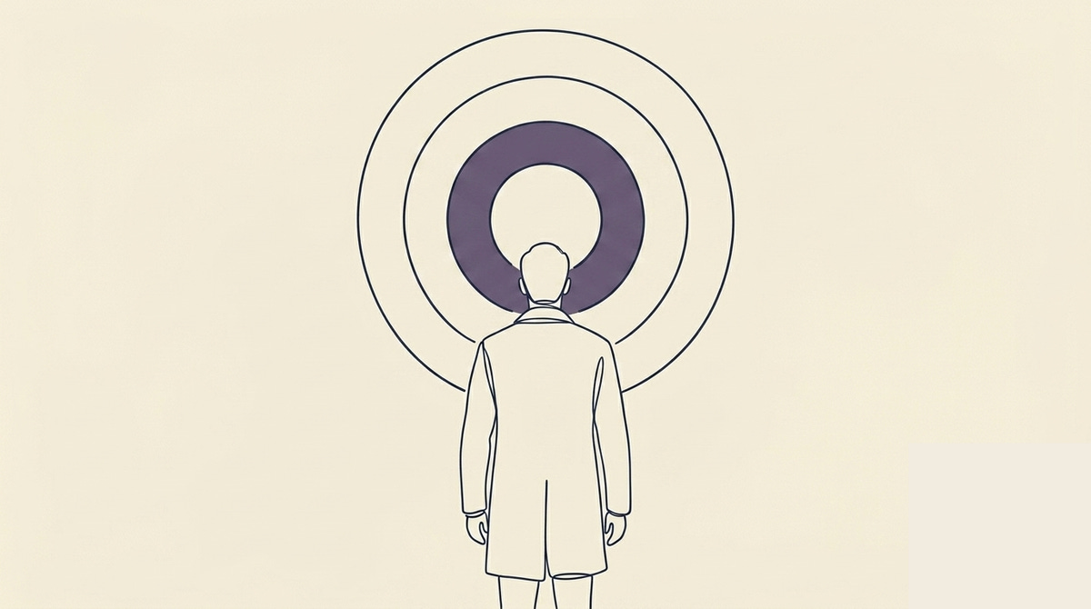 Fulfillment as Alignment - A gender-ambiguous figure stands from behind, still, in the centre of the frame. Ahead of them, three concentric rings emanate outward from a single fixed point at eye level — as if the rings were always there, not arriving. The figure is not reaching toward them. They are simply standing before something they have finally noticed. The rings do not pulse or suggest movement — they are present, settled, and still.