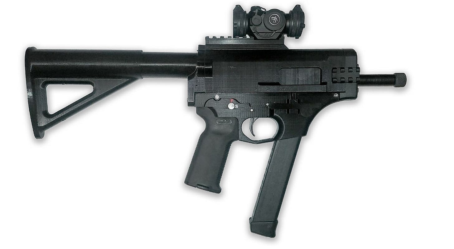 A 3D-printed FGC-9 semi-automatic carbine rifle. The rifle was developed in 2020.