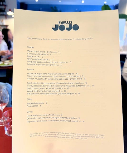 Menu from Hello Jojo in Camberwell