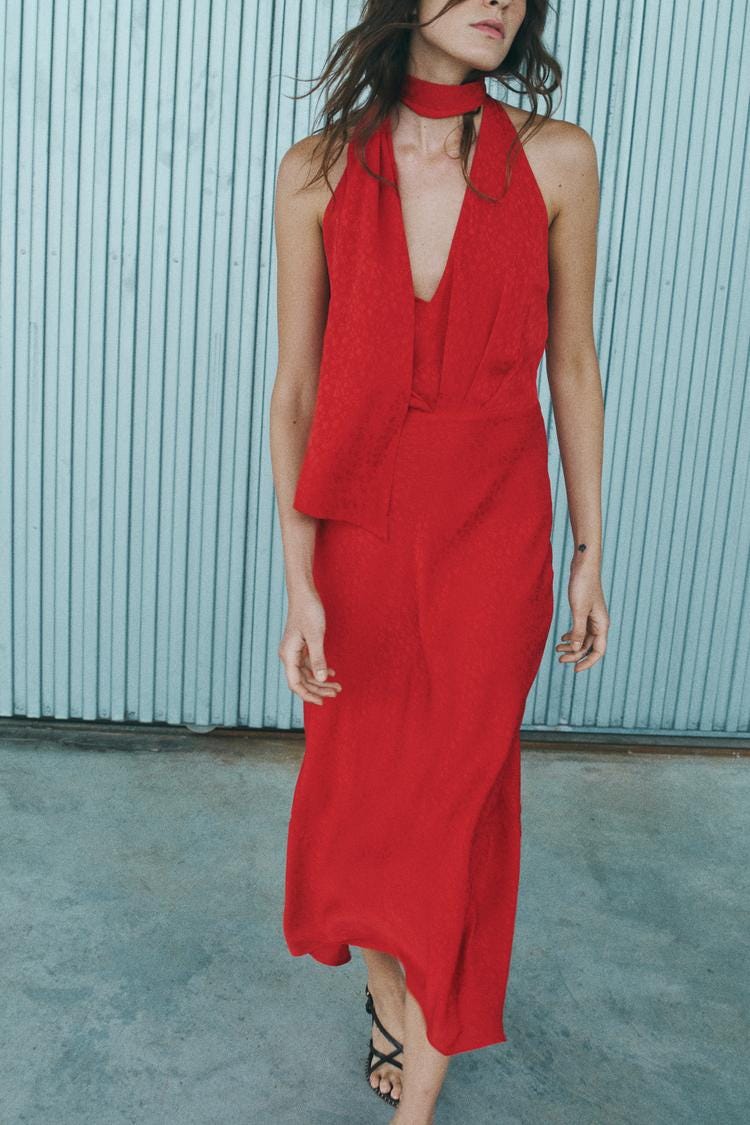 Zara SATIN EFFECT JACQUARD MIDI DRESS - Red - Image 0