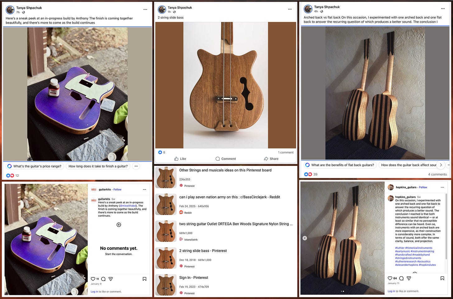 three different posts from the fake Tanya Shpachuk Facebook account containing images of guitars, and screenshots showing the posts are plagiarized three different posts from the fake Tanya Shpachuk Facebook account containing images of guitars, and screenshots showing the posts are plagiarized