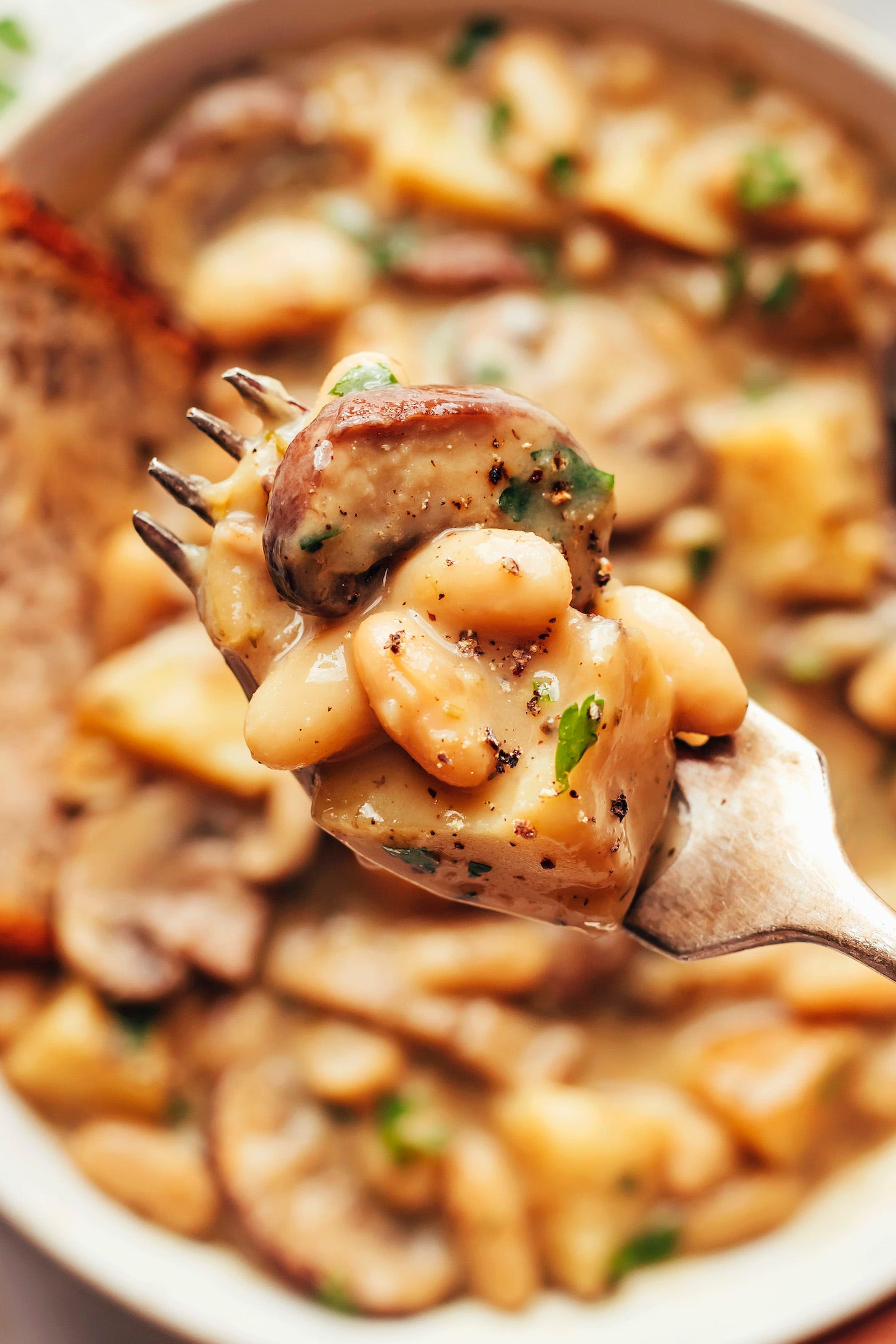 Close up shot of mushroom white bean potato stew on a fork Close up shot of mushroom white bean potato stew on a fork