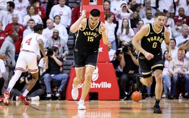 Zach Edey#15 of the Purdue Boilermakers celebrates in the first half against the Indiana Hoosiers at Simon Skjodt Assembly Hall on January 16, 2024...
