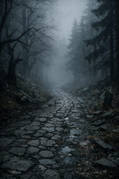 Old Svalich Road winding into mist, cracked cobblestones fading beneath gnarled trees, Barovian Gothic atmosphere Old Svalich Road winding into mist, cracked cobblestones fading beneath gnarled trees, Barovian Gothic atmosphere
