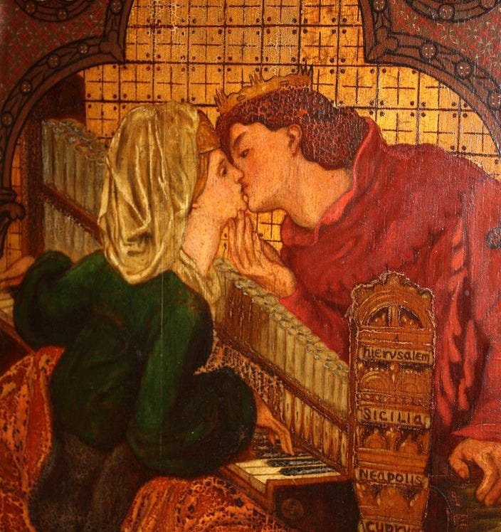 This may contain: a painting of two people kissing in front of a wall with an ornate design on it