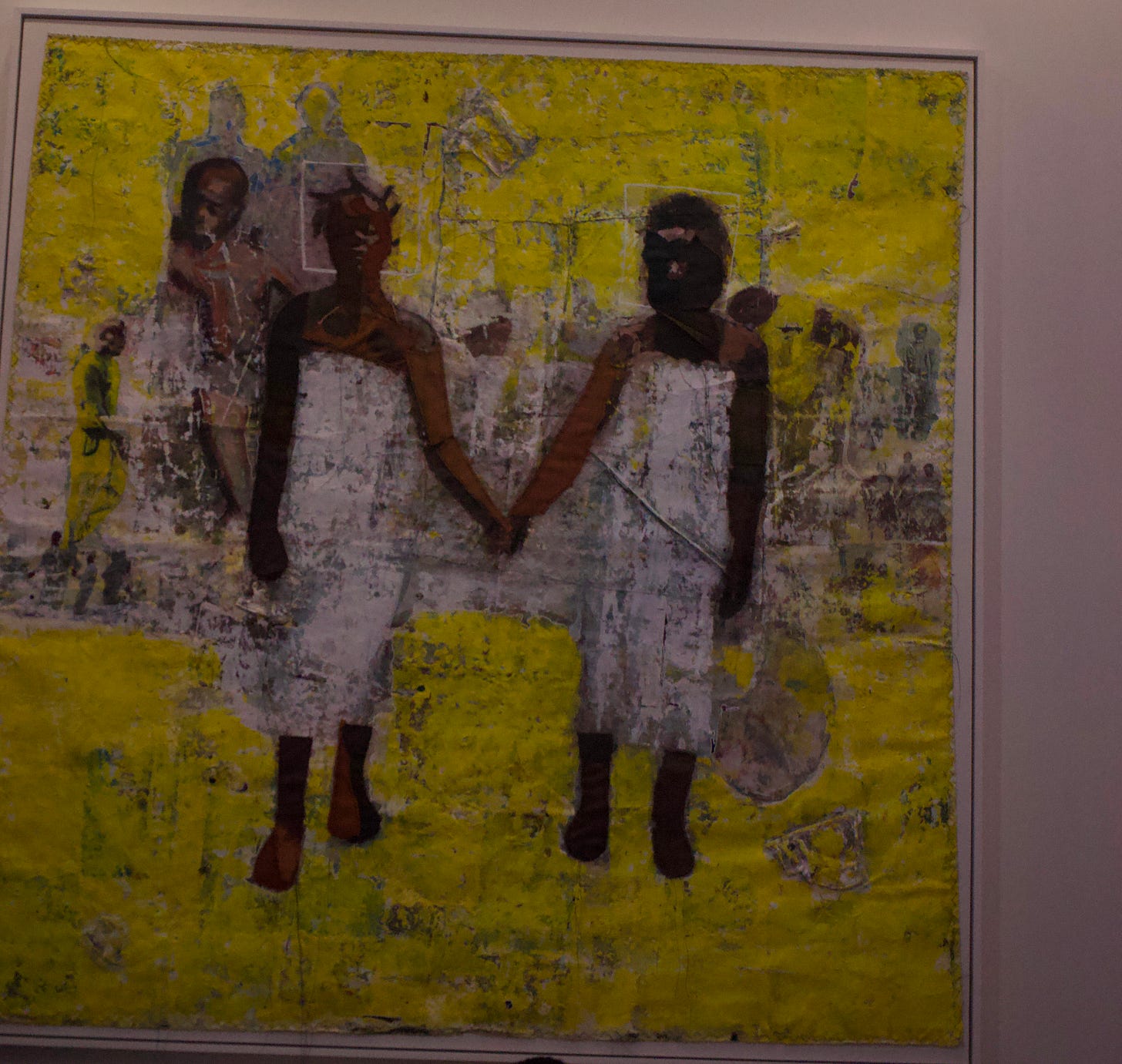 Large contemporary painting featuring two dark silhouetted figures holding hands against a textured yellow background, layered with abstract brushwork and faint figures. The composition blends figurative storytelling with raw painterly texture, creating a reflective and emotional visual field. Large contemporary painting featuring two dark silhouetted figures holding hands against a textured yellow background, layered with abstract brushwork and faint figures. The composition blends figurative storytelling with raw painterly texture, creating a reflective and emotional visual field.