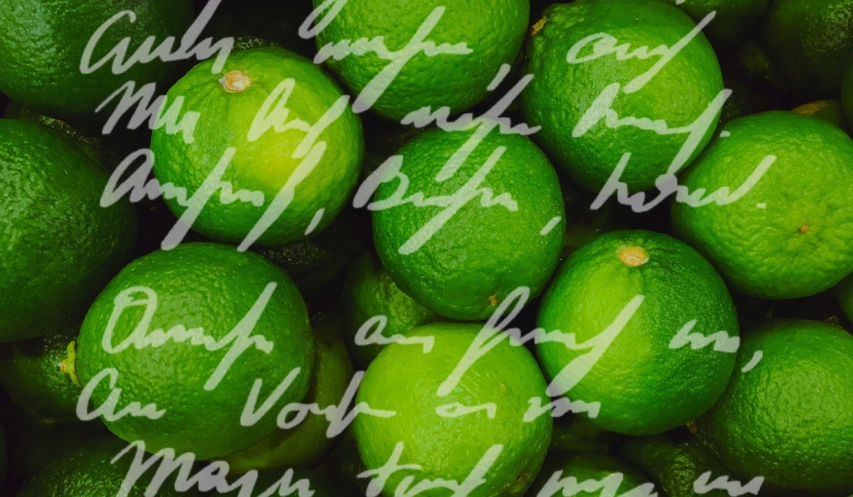 A scrawled list superimposed on a background of limes