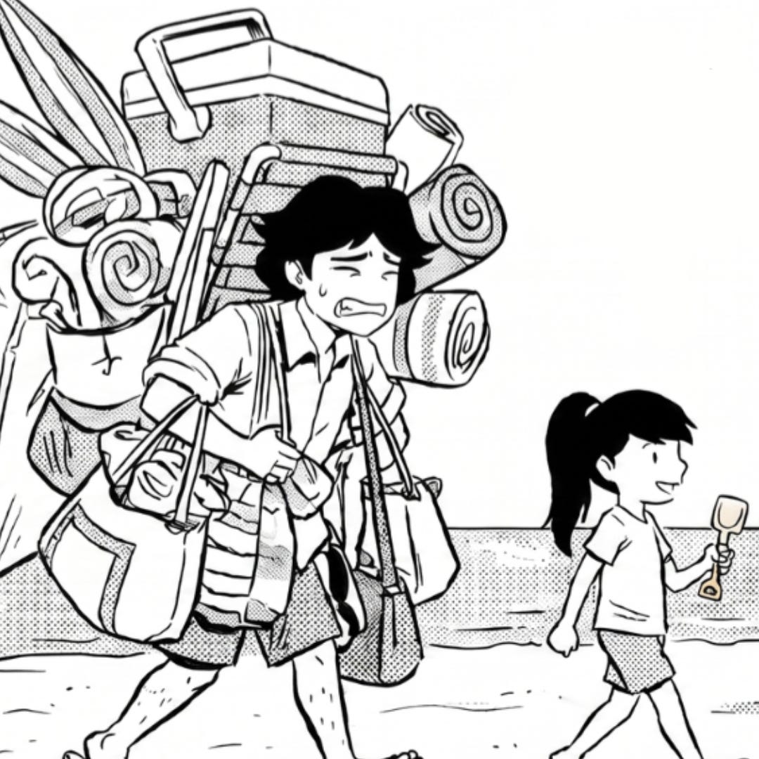 Papa carries a mountain of beach gear while Zara walks beside him with a tiny shovel.