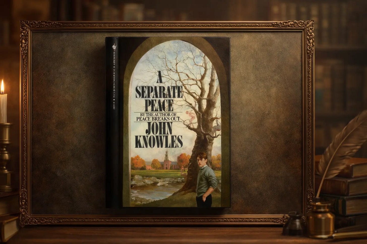 Book cover of A Separate Peace by John Knowles, showing a young man standing beneath a large tree overlooking a river and school campus.