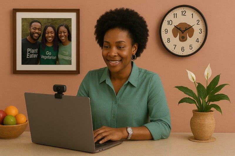 Woman sits in dining room looking at her web cam clip-on. In the background are a peace lily, Dachshund dog clock and photo of vegetarian-friendly friends.