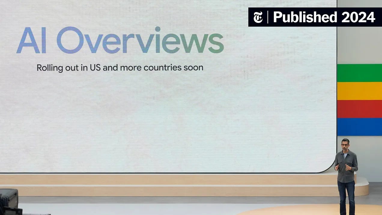 Google CEO Sundar Pichai unveiling AI Overviews on stage at Google I/O 2024 with the slide reading "Rolling out in US and more countries soon," marking the May 2024 launch event that triggered the structural decline of organic traffic to content publishers, the Chegg lawsuit citing AI Overviews directly, and the 28% Stack Overflow staff cut as ChatGPT absorbed technical Q&A search demand.Google CEO Sundar Pichai unveiling AI Overviews on stage at Google I/O 2024 with the slide reading "Rolling out in US and more countries soon," marking the May 2024 launch event that triggered the structural decline of organic traffic to content publishers, the Chegg lawsuit citing AI Overviews directly, and the 28% Stack Overflow staff cut as ChatGPT absorbed technical Q&A search demand.