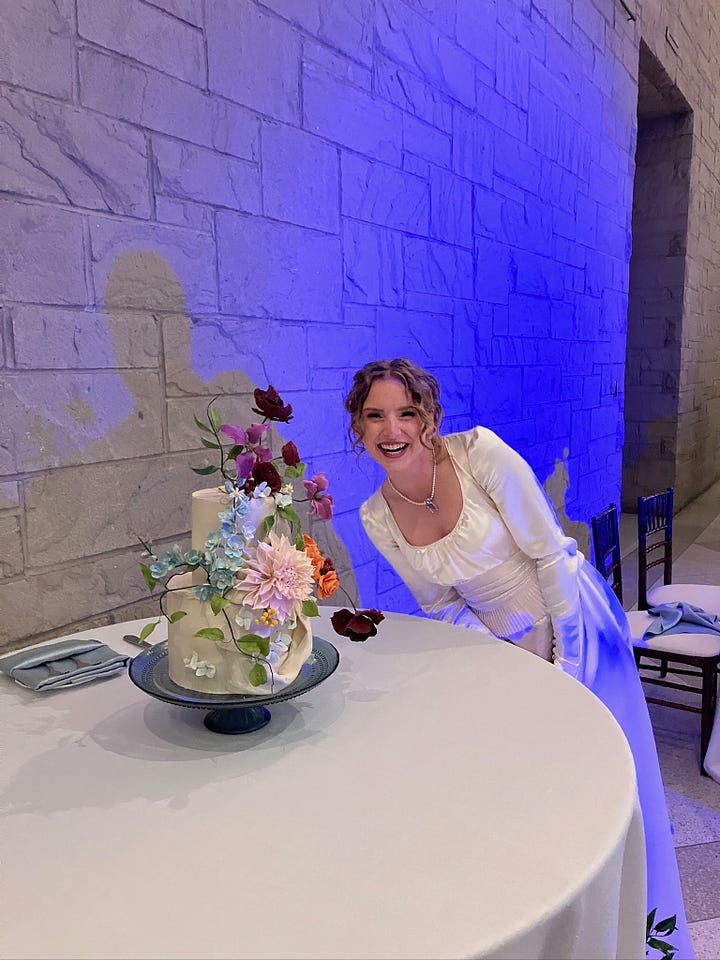 Photo on the left shows a newlywed couple in a church courtyard posing under a tree. Photo on the right shows bride with two-tier cake with 3-D sugar flowers.