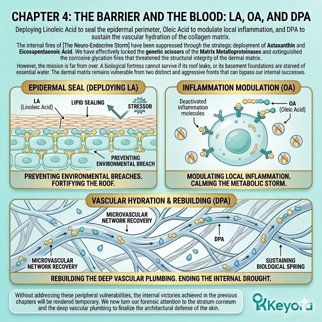Strategic deployment of Linoleic Acid and DPA to seal the epidermal perimeter and modulate inflammation, ensuring vascular hydration and structural sovereignty against the Neuro-Endocrine Storm. Strategic deployment of Linoleic Acid and DPA to seal the epidermal perimeter and modulate inflammation, ensuring vascular hydration and structural sovereignty against the Neuro-Endocrine Storm.