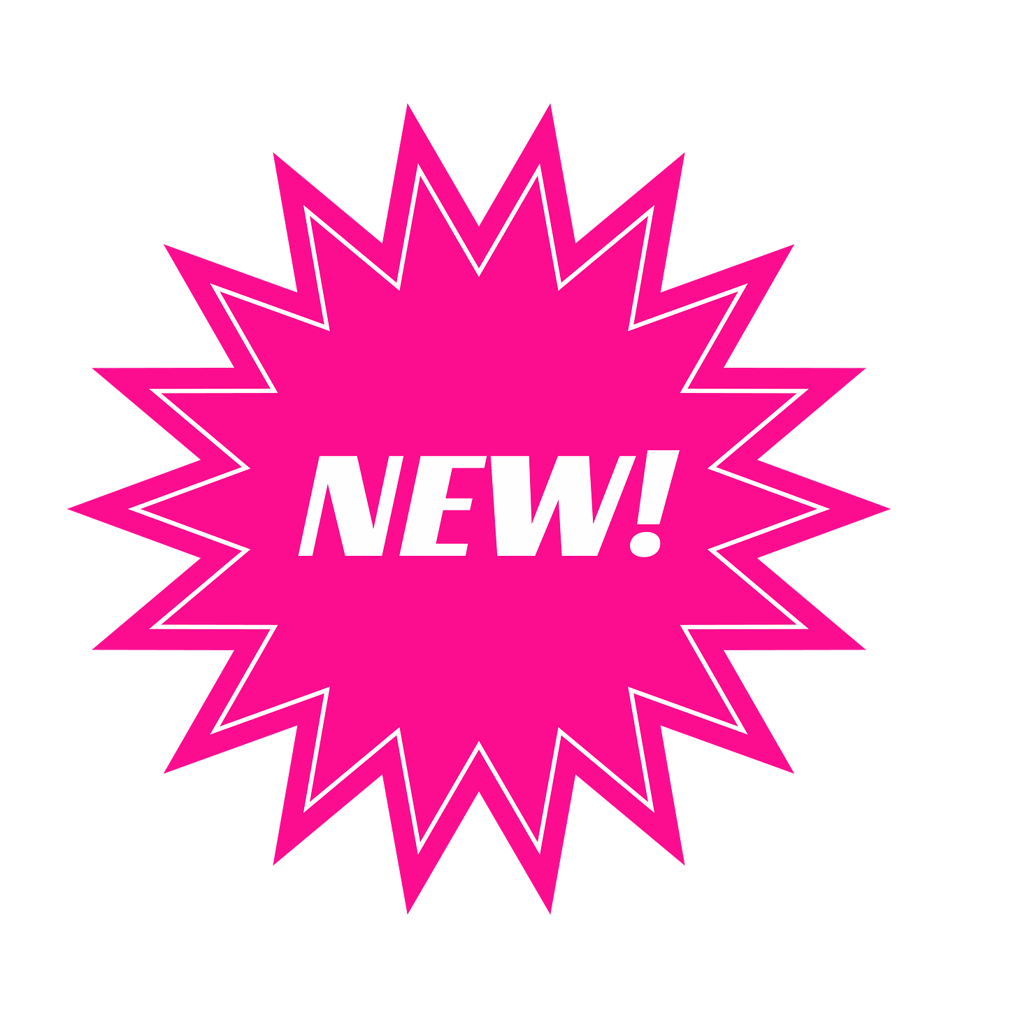 A pink starburst with the word New! in capital letters in white.