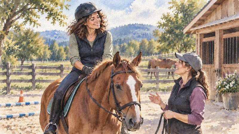 A smiling woman taking a horseback riding lesson on a chestnut horse while an instructor offers guidance in a sunny outdoor arena beside a rustic stable.