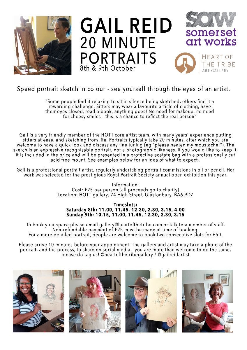 Poster advertising 20 minute portraits from life this weekend. Photo of Gail at easel, and of 4 previous sitters with their portraits Poster advertising 20 minute portraits from life this weekend. Photo of Gail at easel, and of 4 previous sitters with their portraits