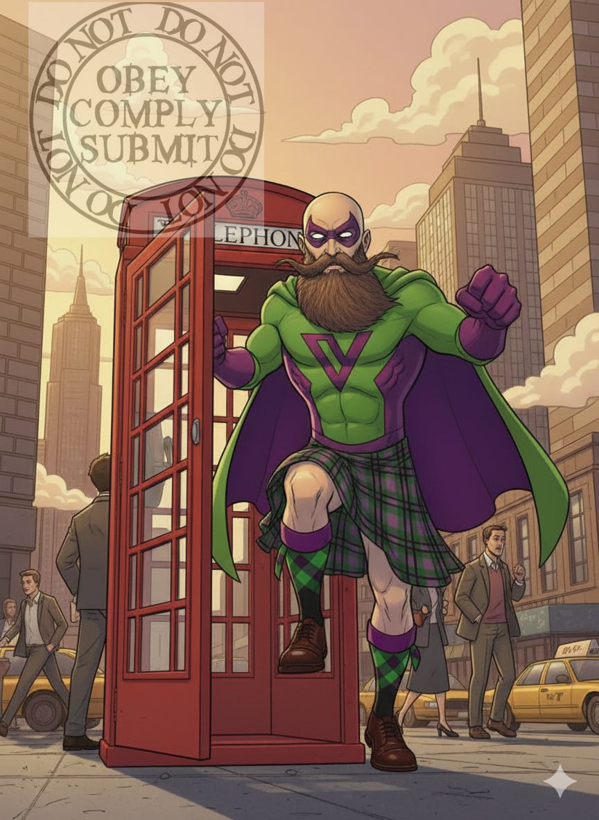 This is a comic book-style illustration of the same bald, bearded superhero. In this version, he is on the ground, captured in a dynamic pose as he steps out of a classic red telephone box onto a busy city street.  He is wearing his signature green and purple costume, including the tartan kilt and a 'V' on his chest, and appears ready for action. The background features skyscrapers, yellow taxi cabs, and pedestrians, placing the extraordinary hero in an everyday urban environment under a warm, sunset-like sky.