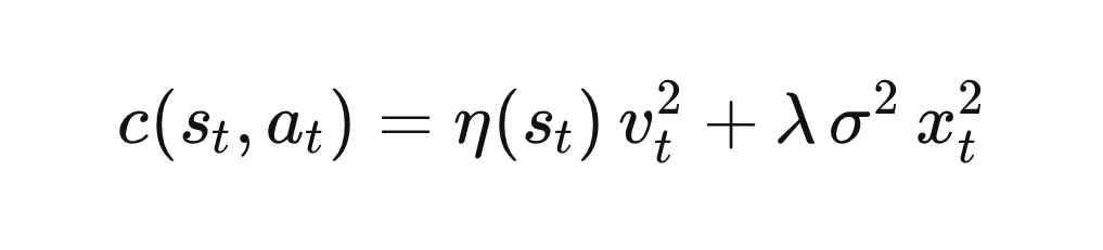 c(s_t, a_t) = \eta(s_t)\, v_t^2 + \lambda\,\sigma^2\, x_t^2 c(s_t, a_t) = \eta(s_t)\, v_t^2 + \lambda\,\sigma^2\, x_t^2