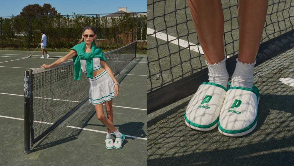 Brunch and Prince Tennis collaborated on a collection featuring cable-knit slippers and more products. Hallie Batchelder stars in the campaign.