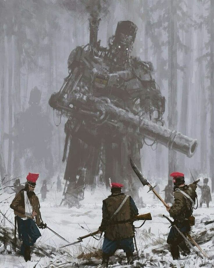 This may contain: some people are walking in the snow near a giant robot