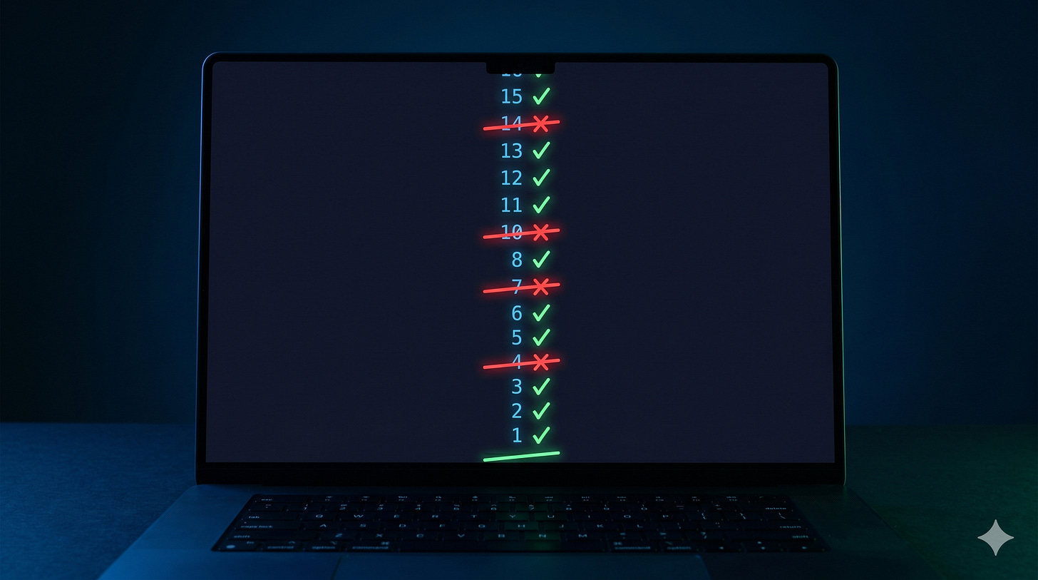 A dark terminal screen showing a looping series of experiment results scrolling upward — some marked as kept, others discarded — something methodical running without anyone watching