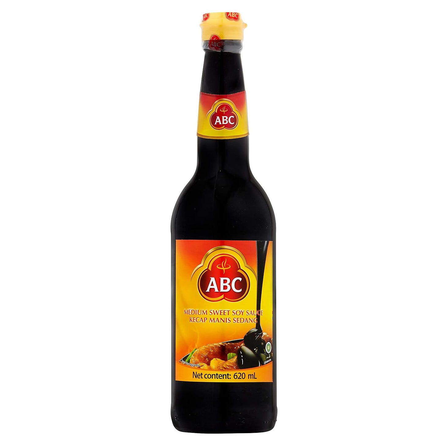 a bottle of ABC Medium Sweet Soy Sauce, 21 Fluid Ounce on a white background a bottle of ABC Medium Sweet Soy Sauce, 21 Fluid Ounce on a white background
