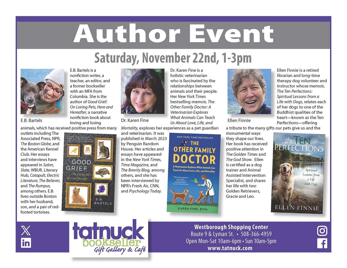Flyer for book event at Tatnuck Bookseller on 11/22/25