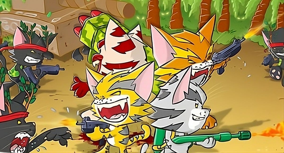 The title screen of Meowcenaries, depicting four cats firing guns in all directions.