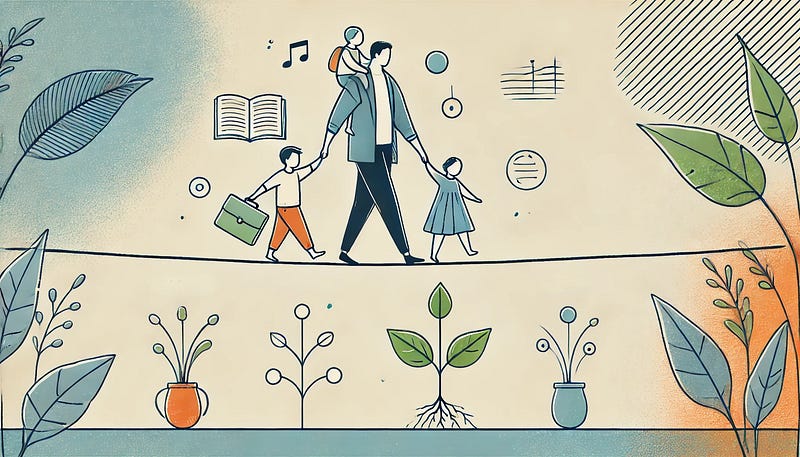 A minimalistic hand-drawn illustration of a father walking on a tightrope while holding the hands of a son and a daughter. The father is carrying symbols of personal growth, such as a book and musical notes. The background is simple, with a few sprouting plants and abstract symbols of joy, using soft colors like blues, greens, and oranges. The illustration emphasizes balance, family, and growth, with clean lines and minimalistic details to create a calm and nurturing atmosphere.