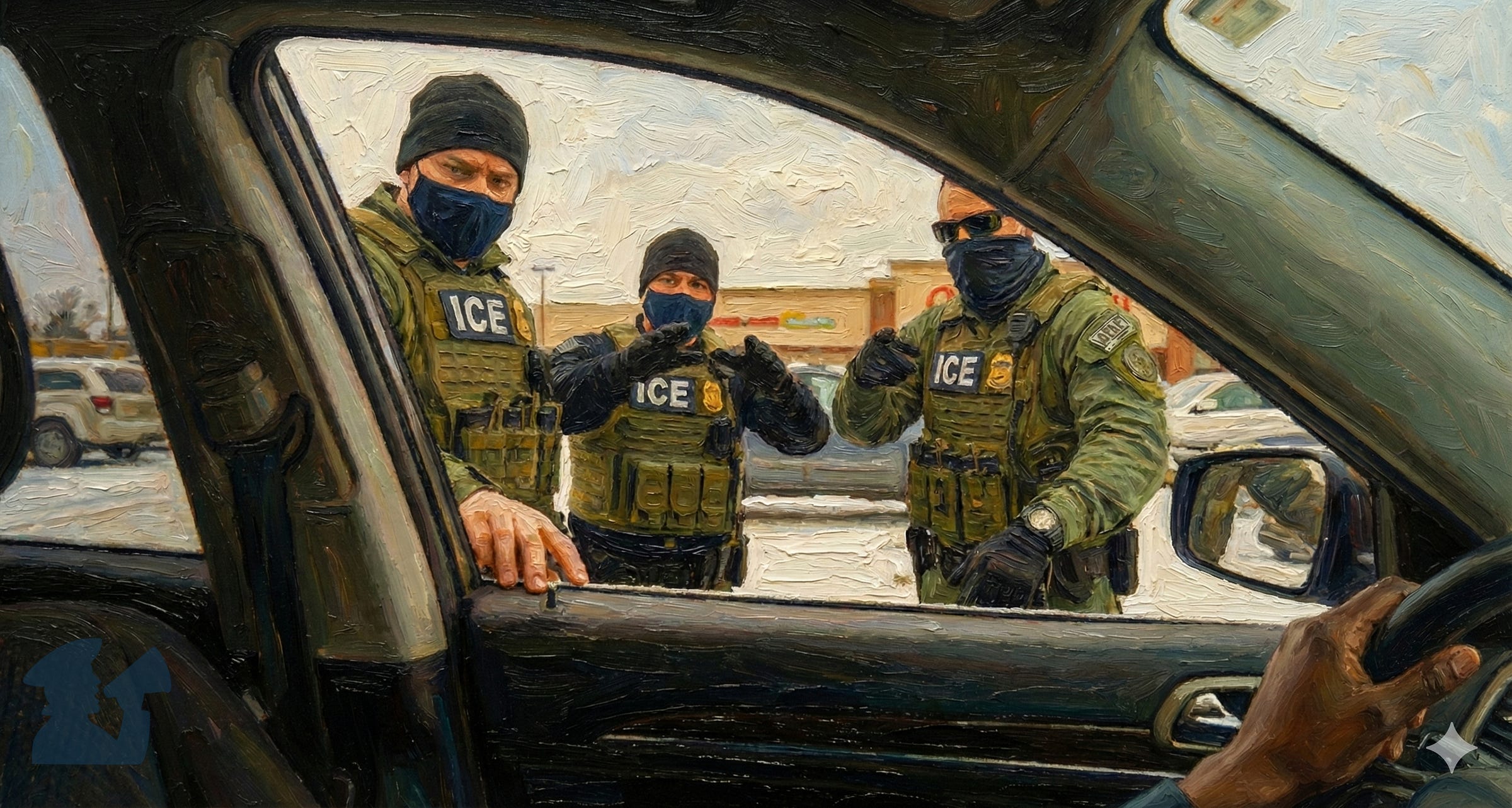 Illustration of ICE agents pulling over a peaceful Somali woman Illustration of ICE agents pulling over a peaceful Somali woman