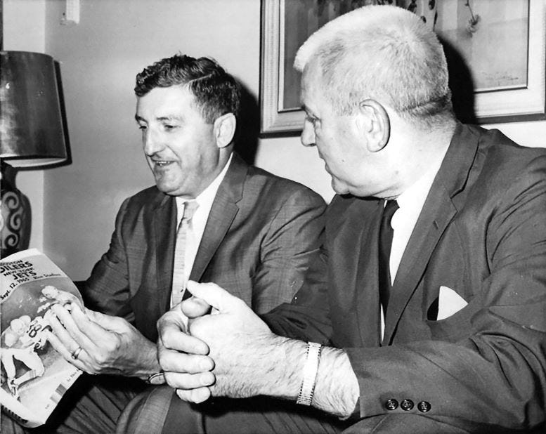 Joe Robbie (left) after his ownership group was awarded the AFL expansion franchise in 1965. Courtesy of Casey M. Piket. Joe Robbie (left) after his ownership group was awarded the AFL expansion franchise in 1965. Courtesy of Casey M. Piket.