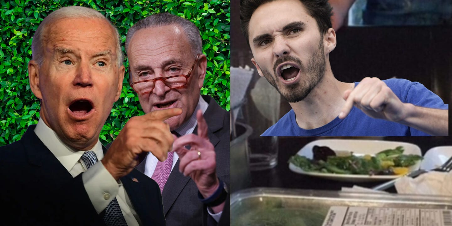a sattirical take on the "woman screaming at cat" meme, with Joe Biden and Chuck Schumer on the left, and David Hogg in place of the cat on the right.