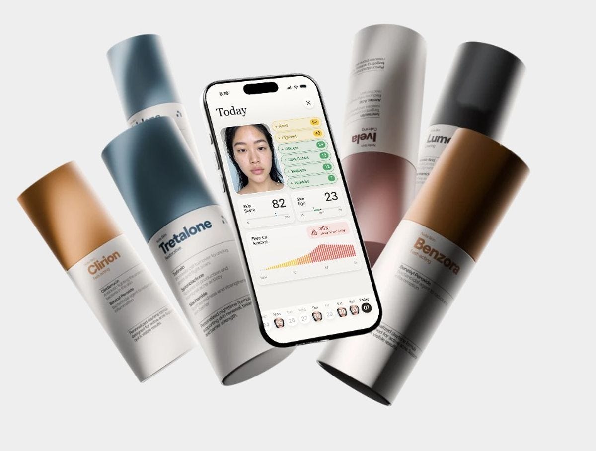 The Nolla Derm app on a phone showing a skin score, skin age and acne flare-up forecast, surrounded by bottles of topical acne treatments