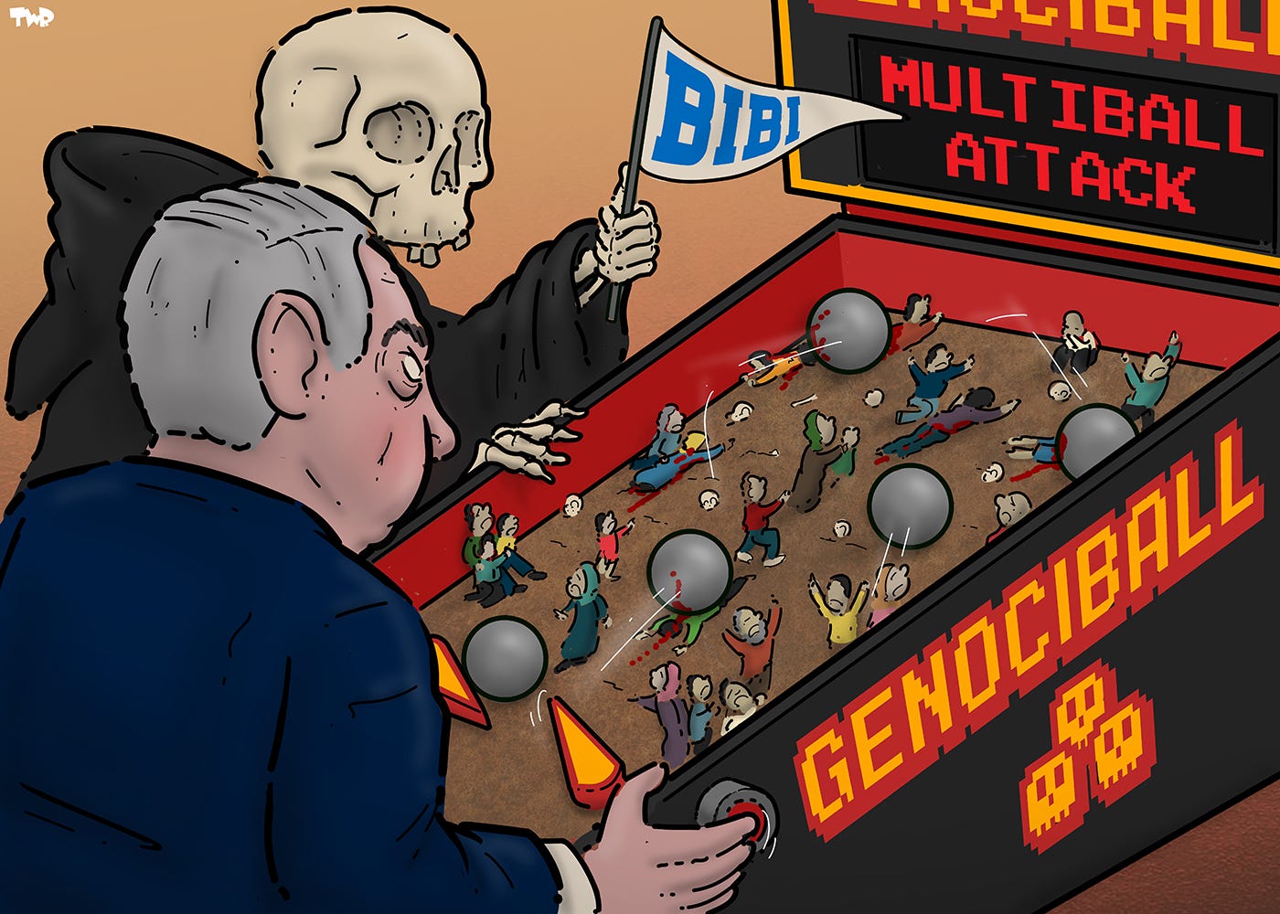 Cartoon showing Netanyahu playing a pinball machine while the Grim Reaper is eagerly watching and waving a little flag with the word 'BIBI' on it. The pinball machine is called 'Genociball' and in the machine we see Palestinians running for their lives as they are being chased (and in some cases overrun) by several metal balls. The display on the machine reads 'Multiball attack'.